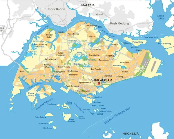 Mapa pokazuje, gdzie leży Singapur, otoczony przez Malezję i Indonezję, z licznymi wyspami i cieśninami.