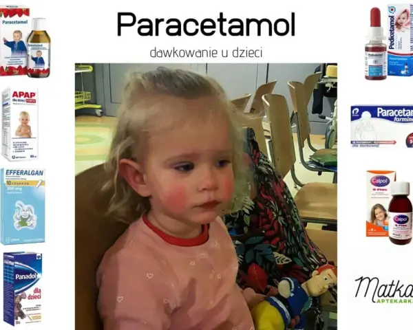 Dziecko z zaczerwienionymi policzkami obok leków z paracetamolem. Informacje o dawkowanie paracetamolu u dzieci.
