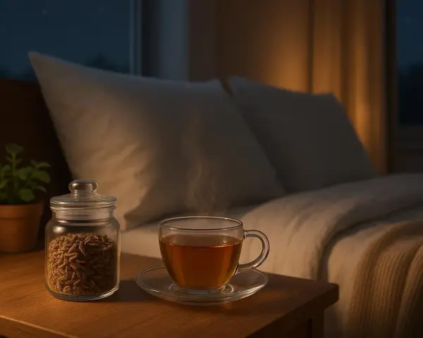Une tasse de thé fumant et un pot de la valériane sur une table de chevet, près d'un lit douillet.