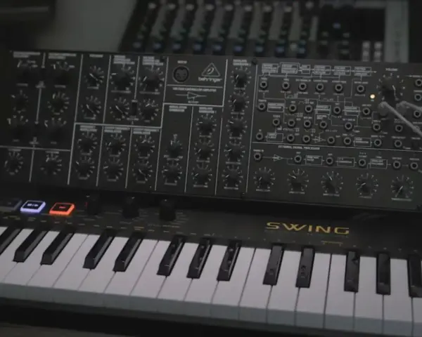 Behringer K2 z klawiaturą i licznymi pokrętłami, gotowy do tworzenia dźwięków.