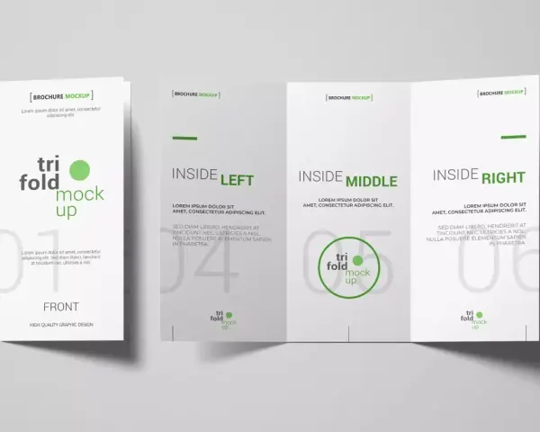 Mockup de un tríptico abierto, mostrando las secciones "Front", "Inside Left", "Inside Middle" e "Inside Right".