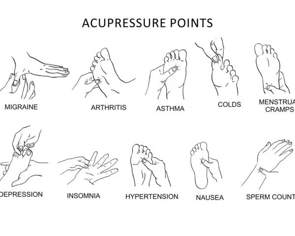Illustration zeigt akupressur druckpunkte für Migräne, Arthritis, Asthma, Erkältungen, Menstruationsbeschwerden, Depressionen, Schlaflosigkeit, Bluthochdruck, Übelkeit und Spermienzahl.