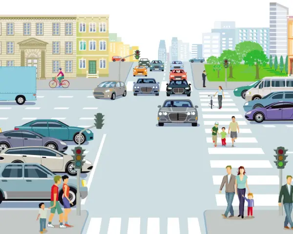 Traffico cittadino con auto, furgoni, ciclisti e pedoni che attraversano la strada. Un'opera d'arte che cattura la vita urbana.