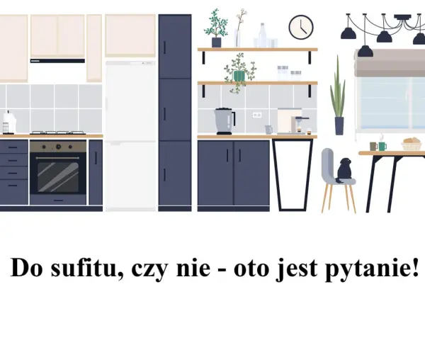 Nowoczesna kuchnia z ciemnogranatowymi i beżowymi szafkami. Zastanawiasz się nad wymiarami szafek kuchennych?