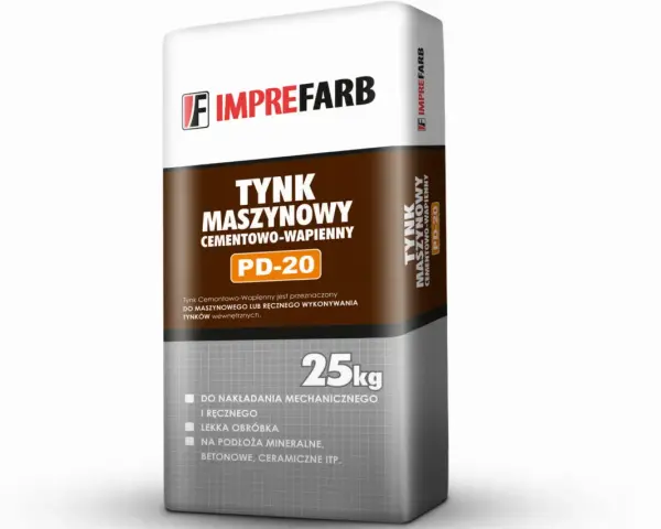 Worek z cementowo-wapiennym tynkiem maszynowym PD-20 marki IMPREFARB. Produkt do nakładania mechanicznego i ręcznego, na podłoża mineralne.
