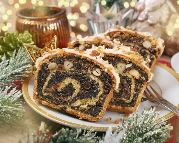Stary przepis na makowiec, pachnący świętami. Ciasto z makiem, orzechami i bakaliami, udekorowane lukrem i płatkami migdałów.