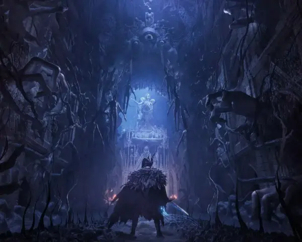 Un guerrero se enfrenta a una estatua en un pasaje oscuro y retorcido, lleno de manos y figuras fantasmales. Un vistazo a Lords of the Fallen, guía para la victoria.