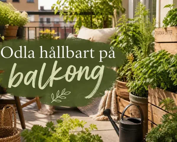 Grönskande balkong med örter och växter i träkorgar. En vattenkanna står redo. Odla hållbart på balkong, även när det blommar utan blommor.