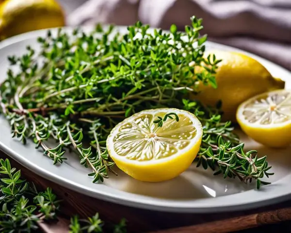 Un bouquet de thym frais et des citrons coupés en deux sur une assiette blanche, prêts pour une infusion thym citron réconfortante.