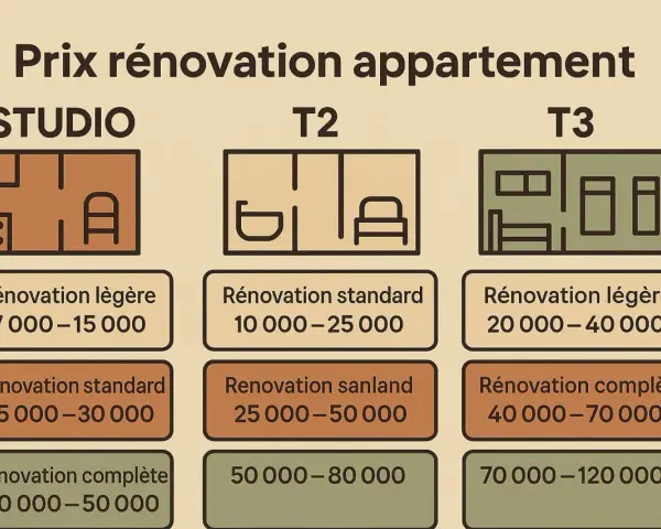Tableau comparatif des prix de rénovation d'appartements (studio, T2, T3) selon le type de travaux : légère, standard, complète.
