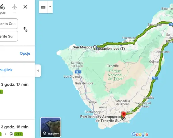 Trasa na Teneryfie, jednej z Wysp Kanaryjskich, gdzie leżą. Mapa pokazuje podróż z San Marcos do lotniska.
