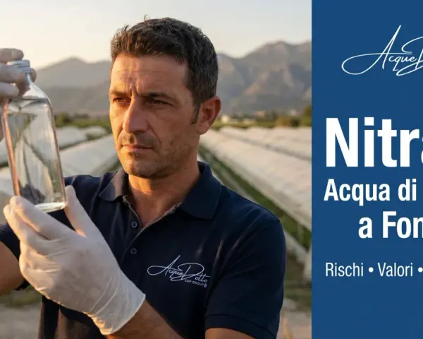 Uomo con guanti esamina campione d'acqua. Titolo: "Nitrati: Acqua di Pozzo a Fondi. Rischi, Valori, Soluzioni". Scopri cosa sono i nitriti nell'acqua.