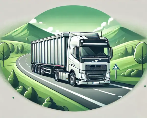 Biała ciężarówka z naczepą jedzie krętą drogą przez zielone wzgórza. To transport, który może przewieźć nawet odpady.