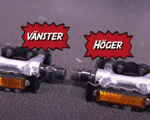 Två cykelpedaler, vänster och höger, redo att byta.