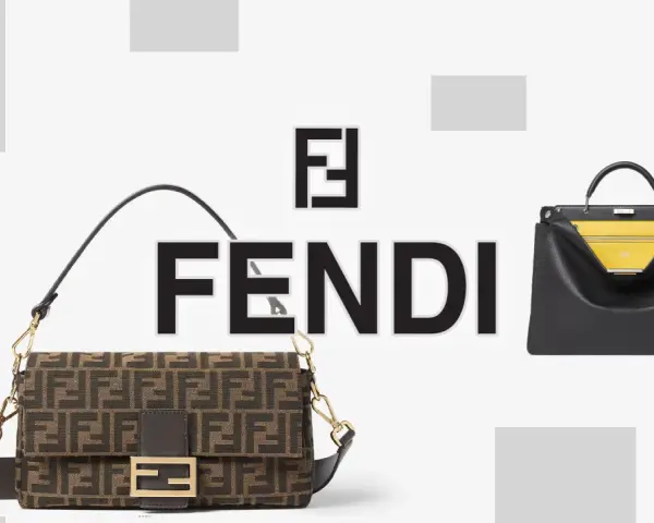 Iconico logo Fendi e due borse iconiche dell'azienda: una baguette marrone con monogramma FF e una borsa nera con interno giallo.