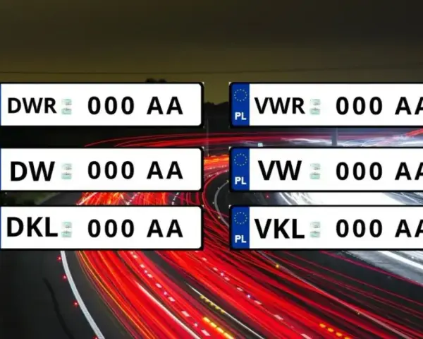 Przykładowe tablice rejestracyjne z literami DWR, DW, DKL, VWR, VW, VKL.