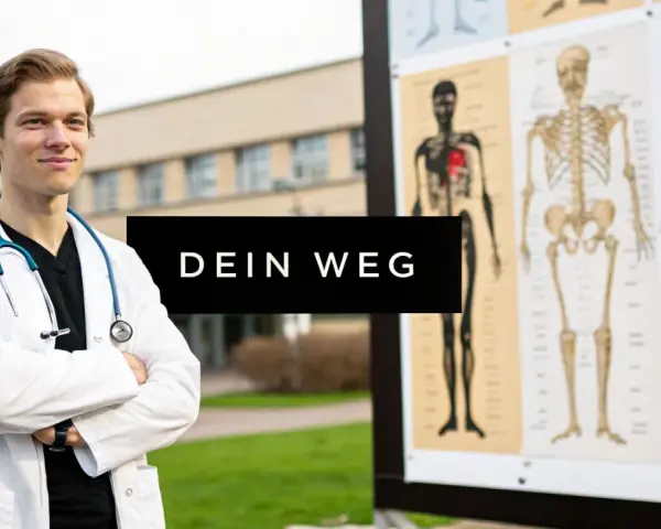 Junger Mann im Arztkittel mit Stethoskop vor anatomischen Tafeln. Sein Weg zum hochschul abschluss beginnt hier.