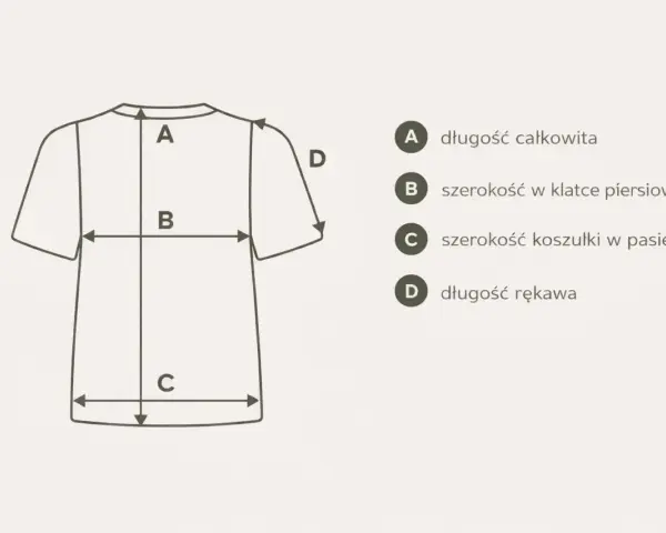 Schemat pokazuje, jak mierzyć koszulę: A - długość całkowita, B - szerokość w klatce, C - szerokość w pasie, D - długość rękawa.