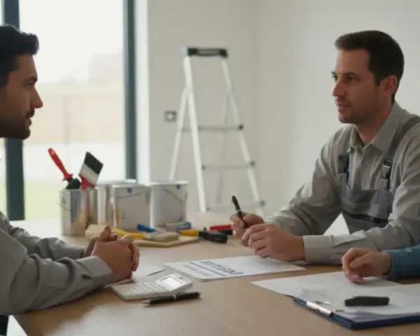 Un entrepreneur discute avec un couple des termes de la loi sur les acomptes pour travaux. Des pots de peinture et des pinceaux sont visibles.