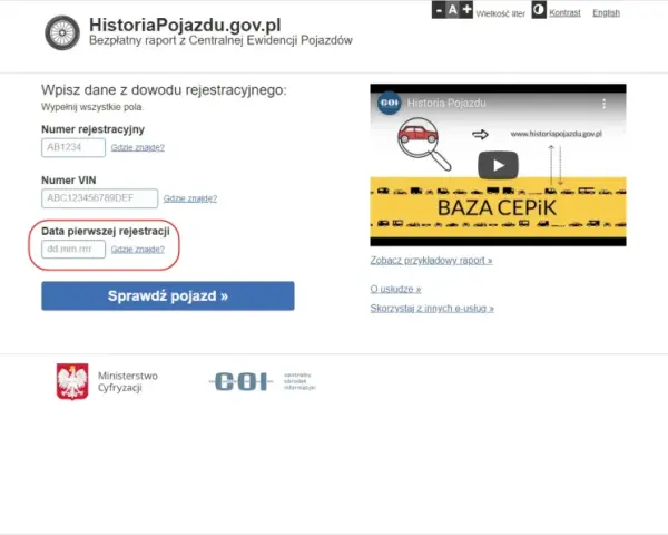 Pole "Data pierwszej rejestracji" w dowodzie pojazdu. Wpisz datę w formacie dd.mm.rrrr.