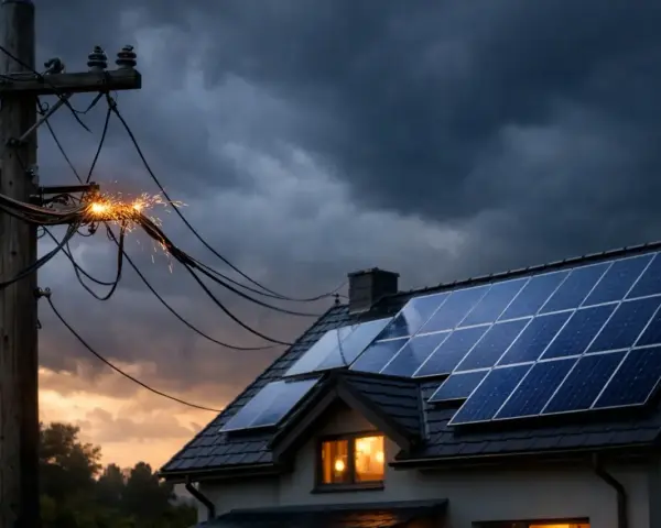 Fotowoltaika na dachu domu, a obok iskrzące przewody na słupie. Czy to zapowiedź awarii prądu, czy niezawodność zielonej energii?