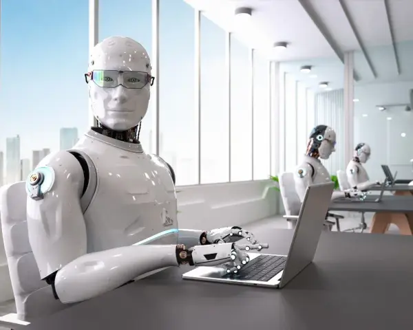 Roboty pracują w biurze, sugerując, jakie zawody zastąpi sztuczna inteligencja.