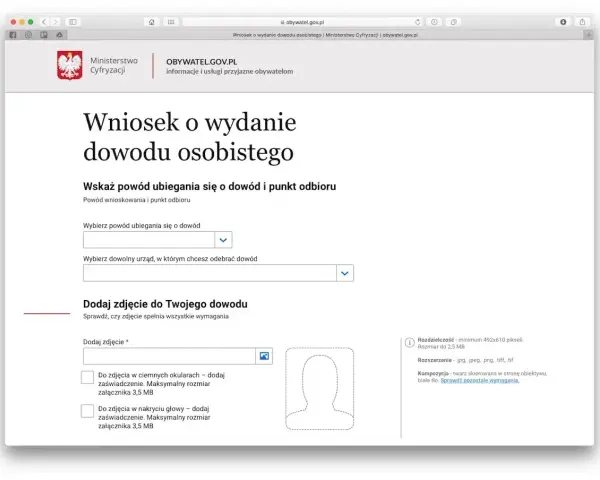 Formularz wniosku o wydanie dowodu osobistego. Wybierz powód, urząd odbioru i dodaj zdjęcie.