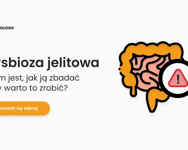 Grafika przedstawia jelita pod lupą z symbolem ostrzeżenia, sugerując problem dysbiozy jelitowej.