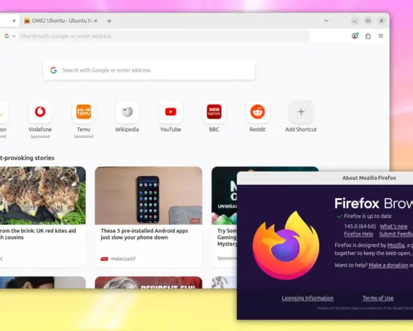 Okno przeglądarki Firefox ESR z informacją o aktualnej wersji. Widoczne zakładki, ikony ulubionych stron i artykuły.