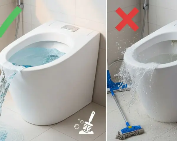 WC sans bride : le bon usage pour un nettoyage efficace et sans débordement. Le mauvais usage cause des éclaboussures.