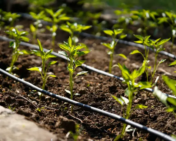 Jóvenes plantas de pimiento en un huerto con un esquema de riego por goteo.
