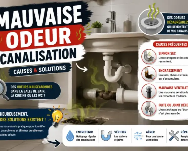 Image illustrant les causes et solutions des mauvaises odeurs de canalisation, avec des conseils pour y remédier.