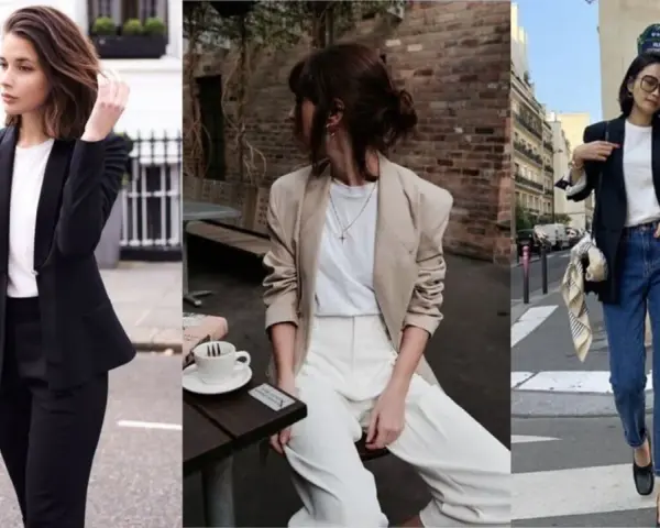 Eleganckie stylizacje z marynarką i prostą koszulką pod spodem. Idealne do pracy i na co dzień.