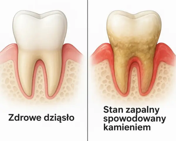 Porównanie zdrowego zęba z zębem zaatakowanym przez kamień nazębny, który powoduje stan zapalny. Co rozpuszcza kamień nazębny?