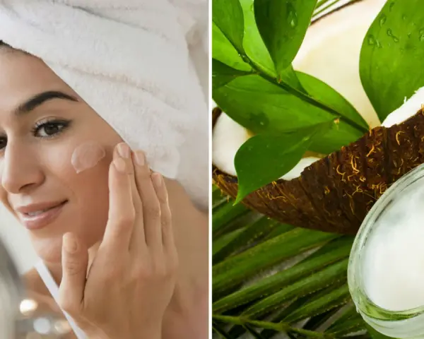 Mujer aplicándose crema en la cara, con un coco y un tarro de aceite de coco para la cara al lado.