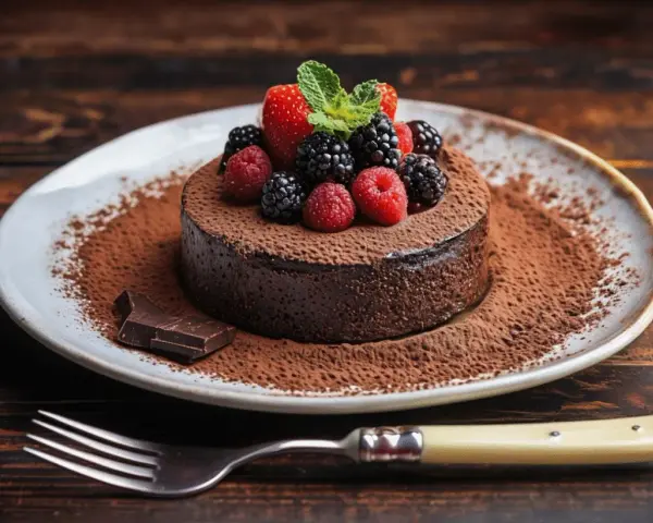 Delicioso soufflé de chocolate cubierto con frutos rojos y menta, espolvoreado con cacao. ¡Un postre irresistible!