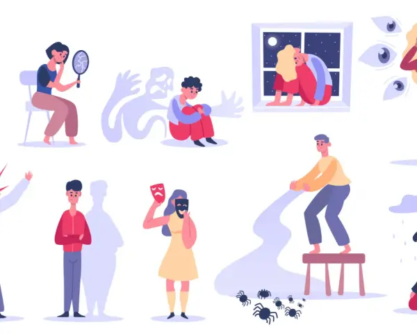 Ilustracje przedstawiające różne stany emocjonalne i lęki, takie jak złamane serce, strach, samotność i fobie.