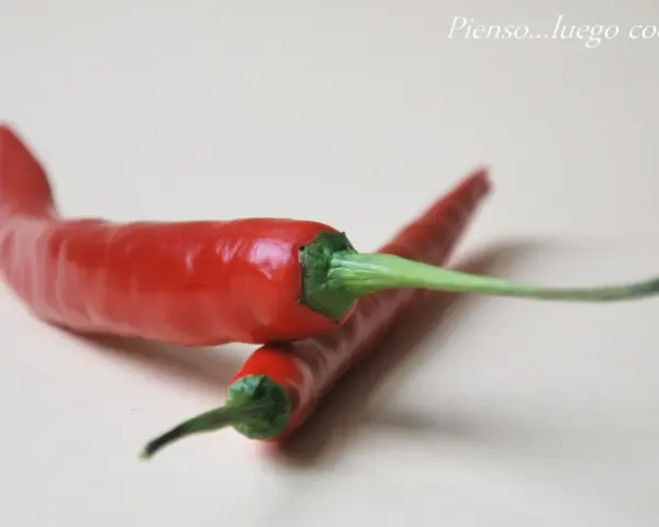 Dos chiles rojos brillantes con tallos verdes sobre fondo claro.