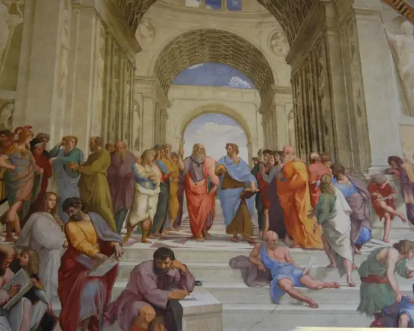 Une scène de l'art de la Renaissance, avec des figures antiques discutant dans une architecture grandiose.