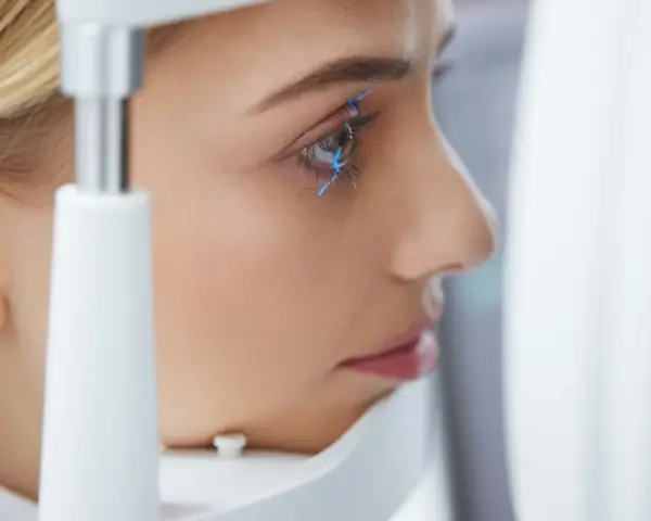 Esame oculistico: una donna con linee blu che indicano la pseudofachia dell'occhio.