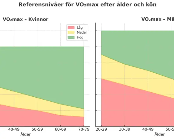 Vo2 max tabell visar referensnivåer för kvinnor och män uppdelat på ålder och konditionsnivå (låg, medel, hög).