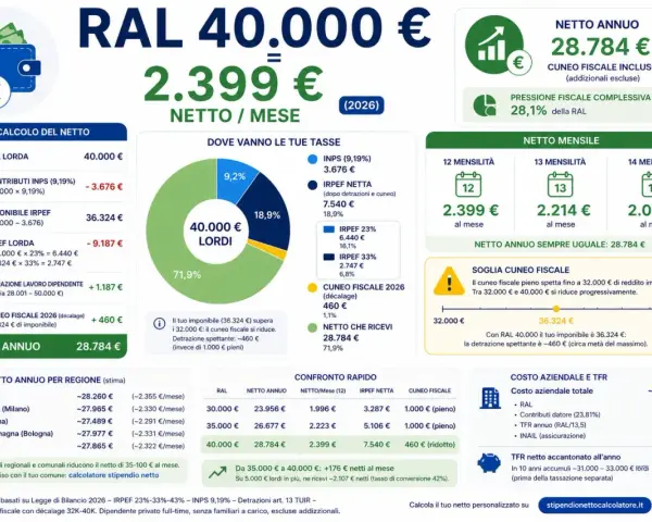 Quanto guadagna un ingegnere con RAL 40.000€: netto annuo 28.784€, netto mensile 2.399€ (12 mensilità).