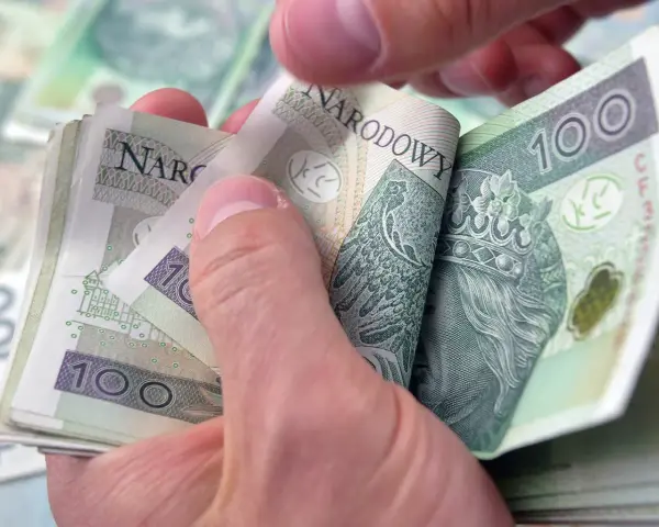 Dłoń trzyma stos polskich banknotów 100 zł. Zastanawiasz się, ile komornik może zabrać z L4?