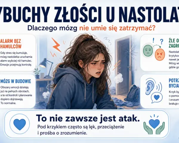 Nastolatka z wyrazem twarzy pełnym bólu i rozpaczy, otoczona symbolami stresu. Grafika wyjaśnia, że wybuchy złości u nastolatków to często objawy silnego stresu, źle odczytanego zagrożenia i potrzeby bycia usłyszanym.