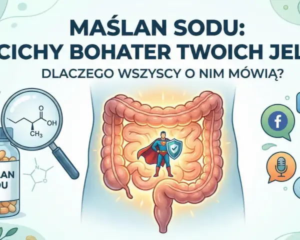 Maślan sodu: cichy bohater jelit. Na obrazku buteleczka suplementu, wzór chemiczny, jelita z superbohaterem i ikony mediów społecznościowych.