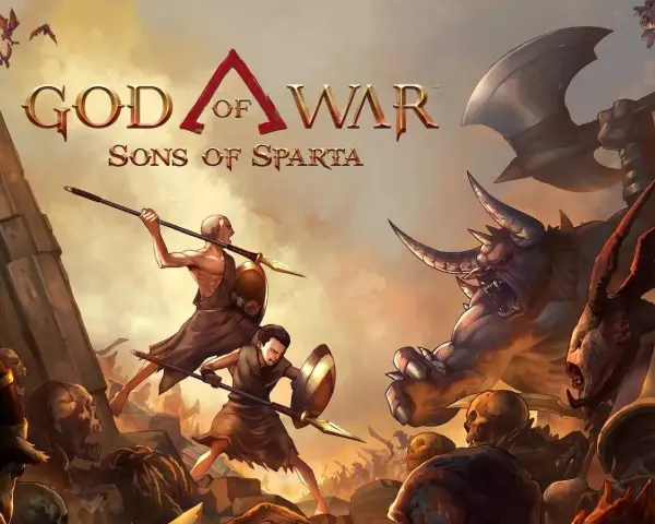 Los hijos de Esparta luchan contra monstruos. El título "God of War Sons of Sparta" preside la escena.