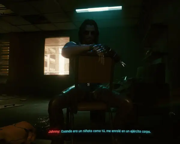 Hombre con implantes cibernéticos, sentado en una silla, en un ambiente oscuro. El futuro distópico evoca **cerebros destruidos cyberpunk**.