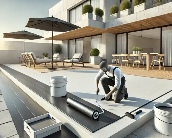 Hombre aplicando impermeabilizante para terrazas con rodillo en una moderna casa con mobiliario exterior.