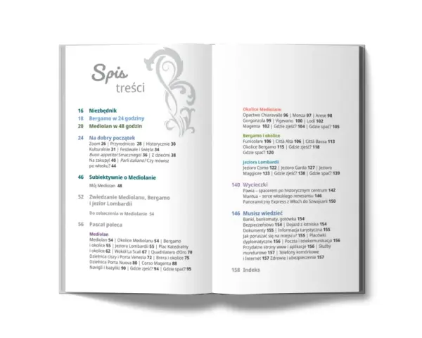 Spis treści artykułu o podróży z Bergamo do Mediolanu, z podziałem na sekcje i strony.