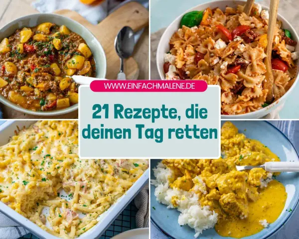 Vier leckere Gerichte: Gulasch mit Kartoffeln, Nudelsalat, Auflauf und Curry mit Reis. Was koche ich heute? Hier gibt's Inspiration!